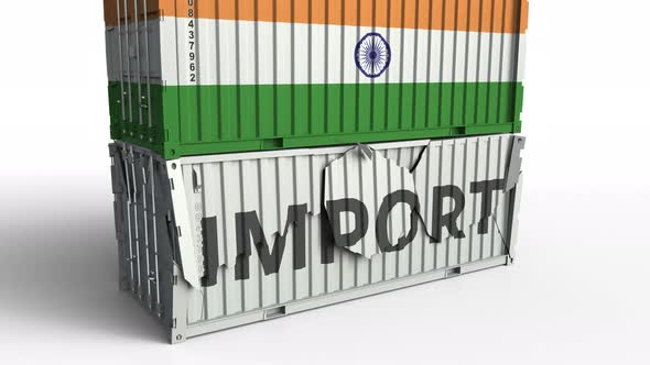 Container with IMPORT Text Being Crashed with Container with Flag of India alt