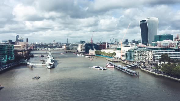 Aerial View of London Skyline Along Thames River on a Summer Day UK