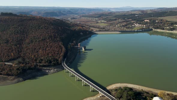 Aerial view of a road along Corbara lake Baschi, Terni, Italy.