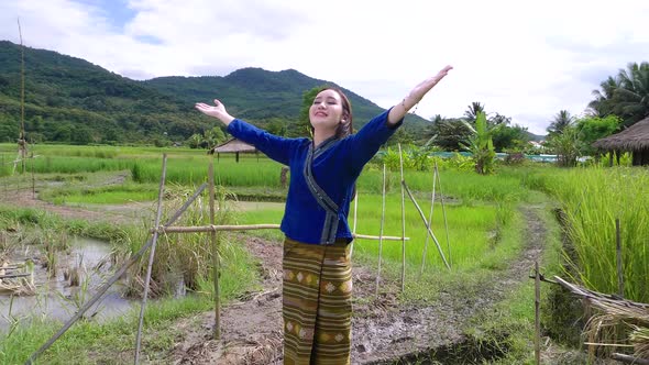 Farmer Woman Enjoy At Rice Field