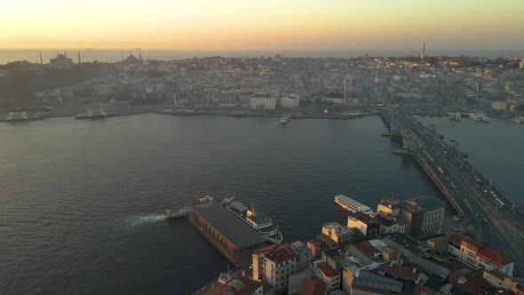 Aerial view of Galata Bridge at sunrise