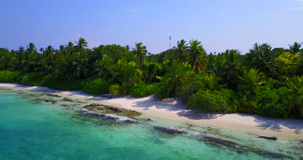 Natural birds eye island view of a summer white paradise sand beach and blue ocean background in vib