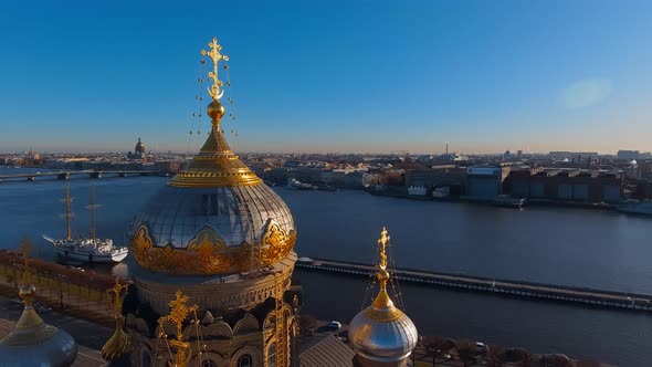 Aerial Footage of Golden Dome of Church of the Assumption of the Blessed Virgin Mary Blockade Temple