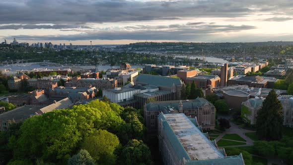 Wide orbiting aerial shot overhead of the University of Washington during sunset with the Seattle do