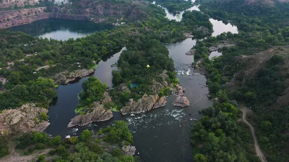 Landscape of the River and Granite Rocks Aerial View