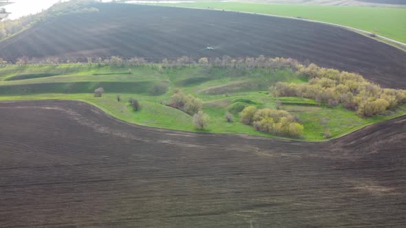 Fly above cultivated and green field with tractor