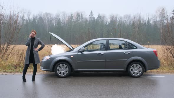 Woman with Broken Car Calling By the Phone