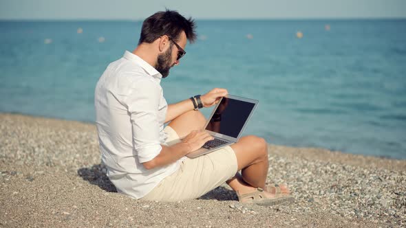 Freelancer Chatting On Laptop.Businessman Internet Online Meeting Webinar..Freelance On Sea.