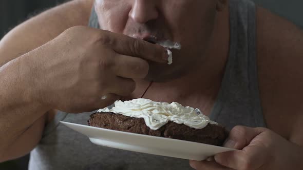 Fat Man Swallowing Up Chocolate Cake, Unhealthy Food, Diet Get Out Of Control