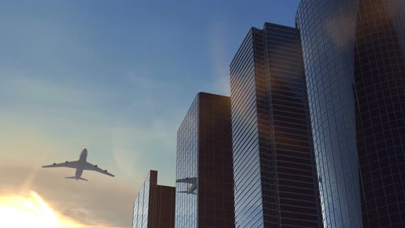 Airplane Flying Over Business Center At Evening alt