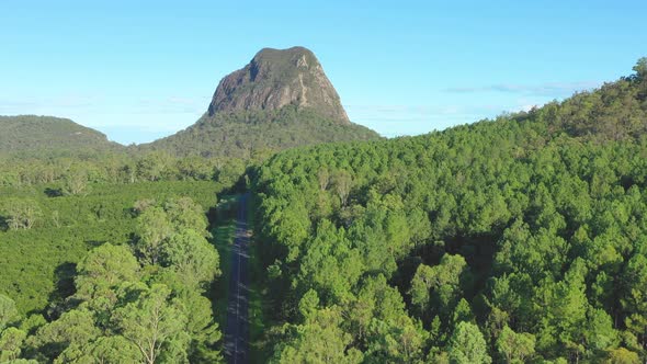 Aerial view of Mt Tunbubudla, Glass House Mountains, Queensland, Australia.