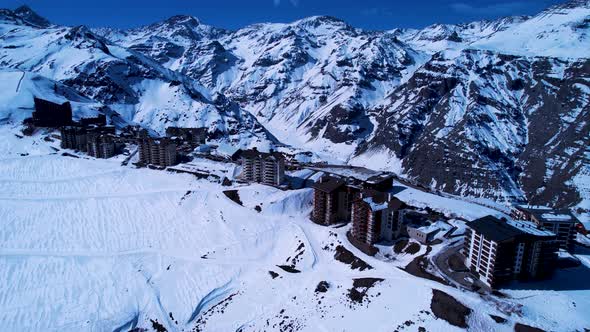 Panoramic view of Ski station centre resort at snowy Andes Mountains.