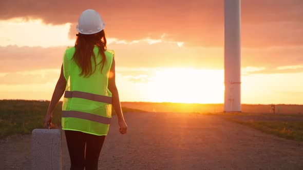 Woman Professional Ecology Engineer in uniform with special equipment in hand goes service windmill