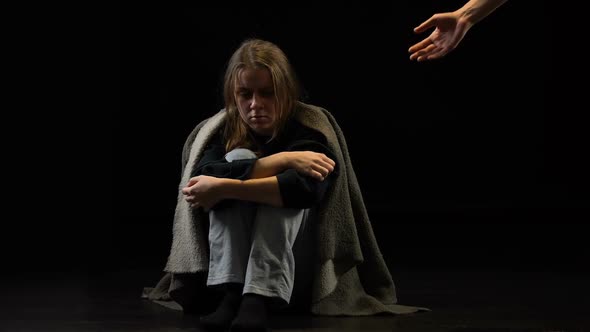 Lonely Miserable Victim of Domestic Violence Taking Helping Hand, Belief Concept