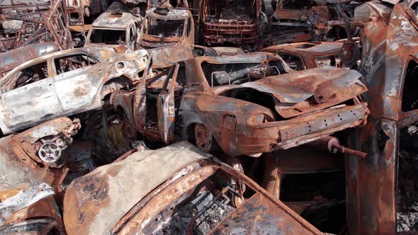 Irpin Bucha District Ukraine a Dump of Shot and Burned Cars