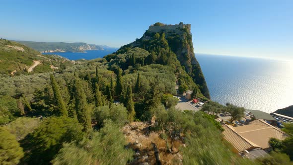 Drone Over Landscape To And From Angelokastro Castle