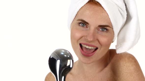 Sexy Young Woman Singing Under Shower. Close Up, Bathroom