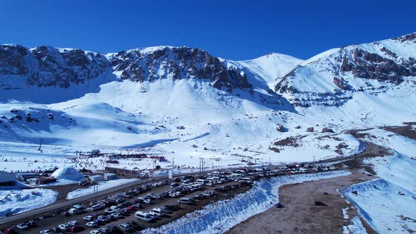 Ski station center at Andes Mountains. Snow winterness scenery.