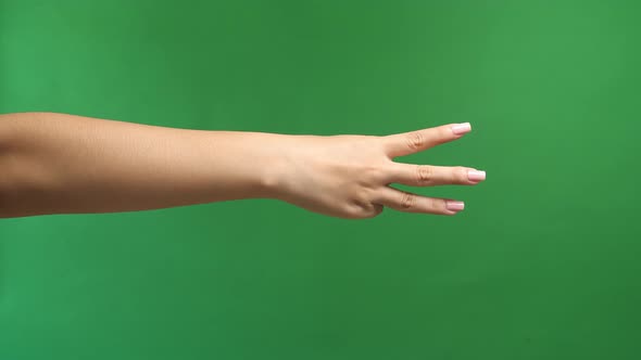 Woman Hand Showing Three Fingers On Green Screen Background