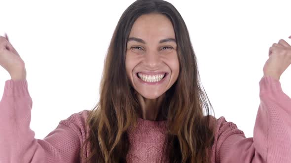 Working Latin Girl Celebrating Success White Background