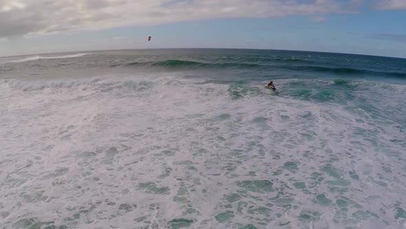 Aerial view of lifeguard surf rescue jet ski personal watercraft in Hawaii