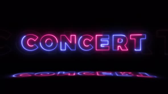 Neon glowing word 'CONCERT' on a black background with reflections on a floor. Neon glow signs alt