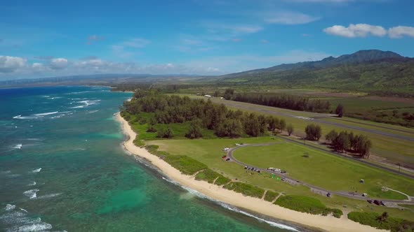 Aerial view of the beach and ocean in Hawaii