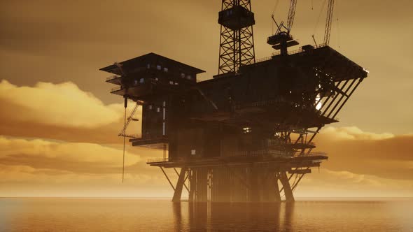 Offshore Jack Up Rig in The Middle of The Sea at Sunset Time