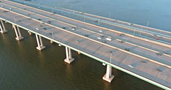 Aerial View Top Bridges Across the River with High Speed Highway