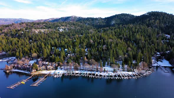 Aerial view of some empty docks at Lake Arrowhead California.