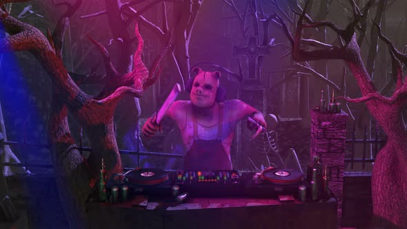 Butcher psycho killer DJ in a graveyard party