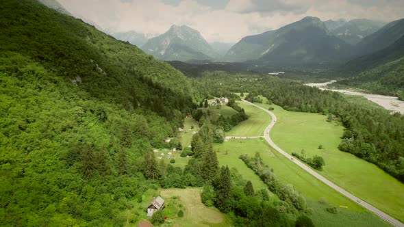 Aerial view a camping area and an outdoor recreation area in Slovenia.