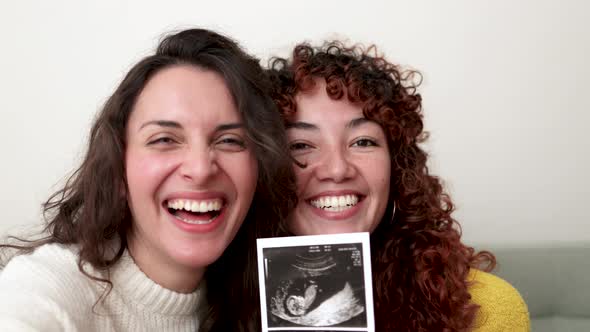 POV LGBT Lesbian Couple Holding Ultrasound Photo Scan on Video Call of Growing Baby in Pregnancy