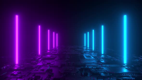 Futuristic neon tunnel 3d render animation loop. Virtual reality and metaverse concept