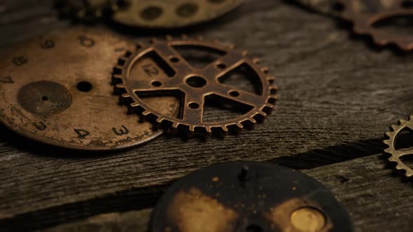 Rotating stock footage shot of antique and weathered watch faces