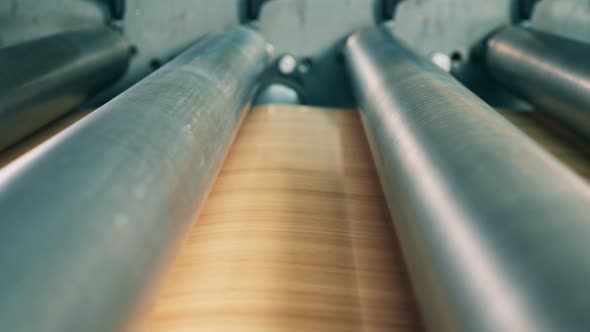 Close Up of Conveyor Rollers and Facing Material Under Them