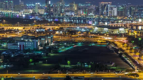 View of New Modern Buildings at Nighttime in Luxury Dubai City United Arab Emirates Timelapse Aerial