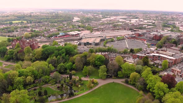 Aerial view of japanese garden in Avenham park and Preston train station