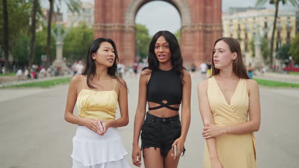 Three Young Women of Different Races Best Female Friends Sightseeing in Spain