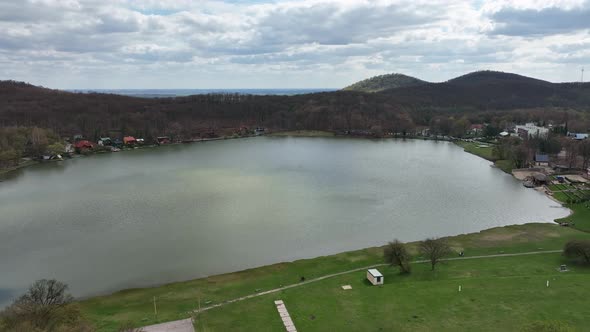 Aerial view of a lake in the village of Vinne in Slovakia