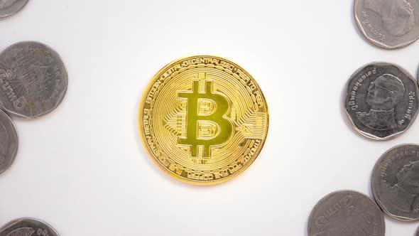 Stop motion animation Dollar cash money bills moving in and out with Bitcoin Crypto placed. alt