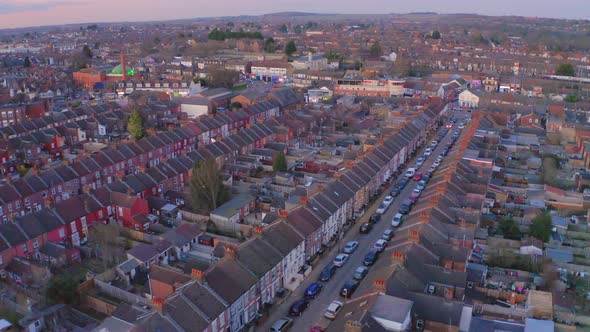 Aerial View of Terraced Working Class Housing in Luton at Sunset