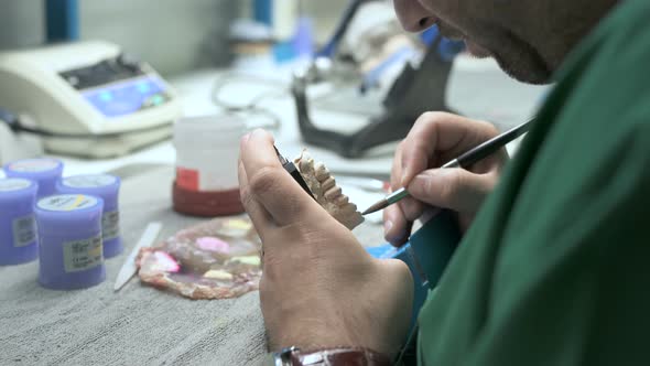 Technician applying ceramics to a dentition mold