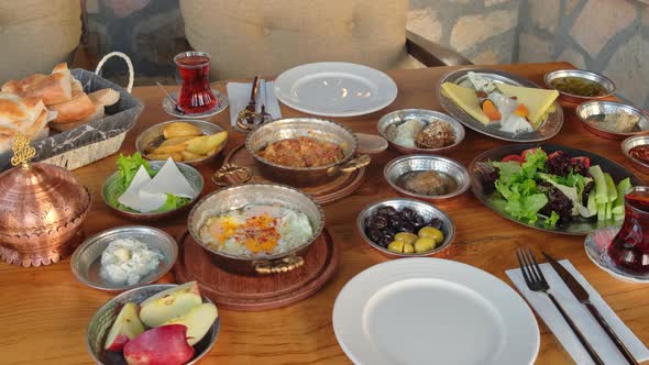 Traditional Rich Turkish Village Breakfast on the Wooden Table