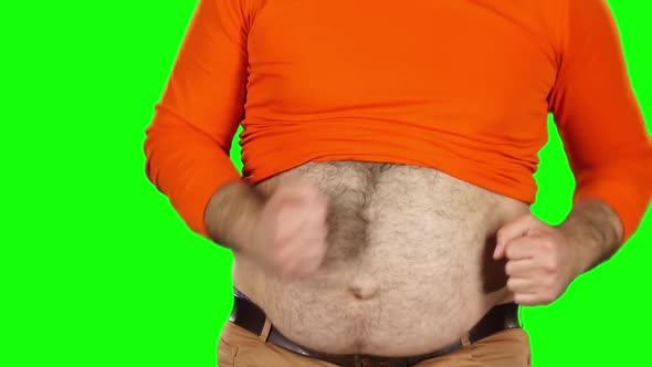 Big Hairy Belly of a Man, Close Up Shot. His Bare Belly Is Jiggling As He Running, Green Screen