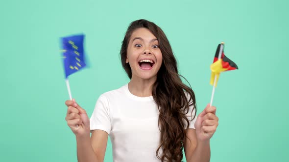 Amazed Happy Teen Girl Waving European Union and German Flag Celebrating Like Football Fan Eu