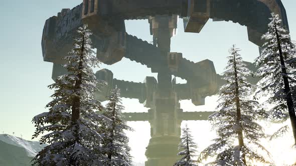 UFO Hovering Over a Forest at Sunset with Light Beam alt