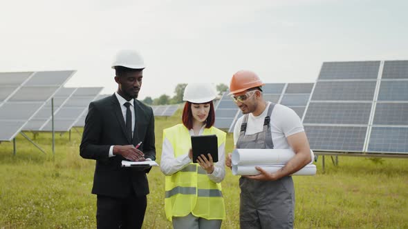 Multi Ethnic People in Helmets Posing on Solar Farm