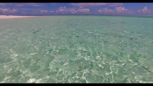 Aerial drone shot travel of paradise coastline beach adventure by blue sea and white sand background