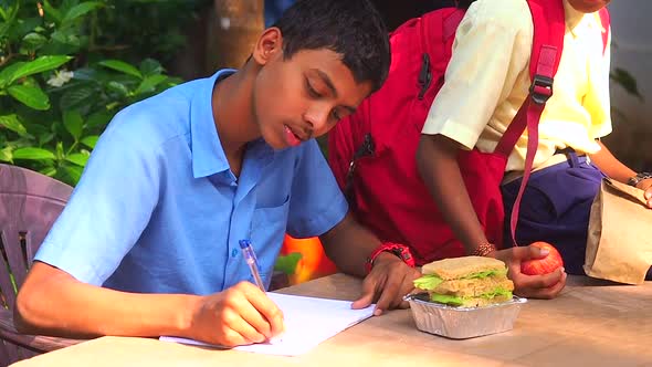 Indian School Boy Writing on Notepad Doing Homework  Looking Concentration